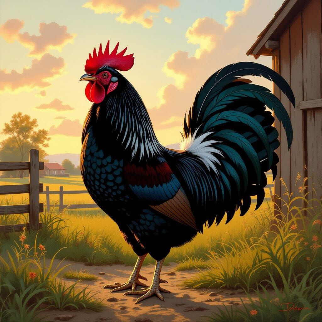 Proud Black Rooster on Farm in Bierstadt Style