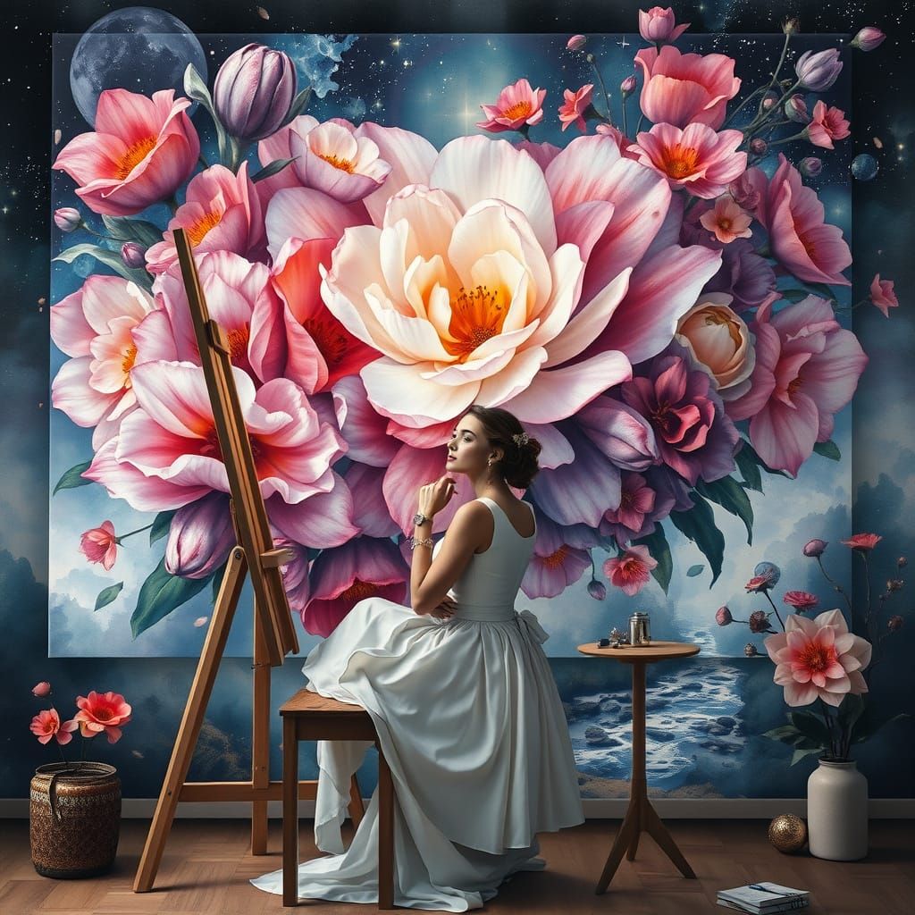 Cosmic Horror Painting with Elegant Artist