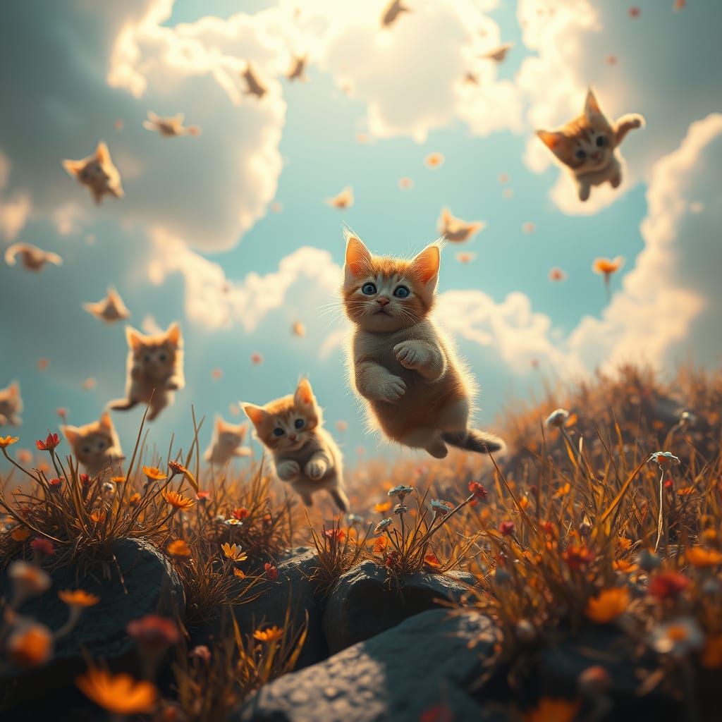 Kittens Fall from Whimsical Sky in Dystopian Fantasy Style