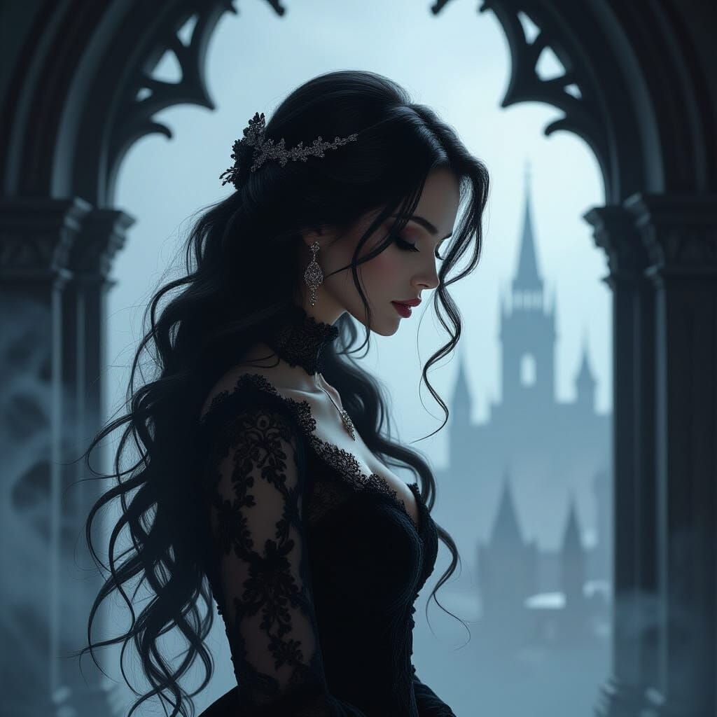 Gothic Woman in Lace Before Archway with Ethereal Halo