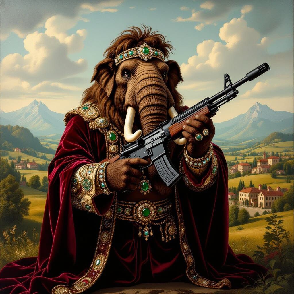 Woolly Mammoth with Machine Gun in Renaissance Style