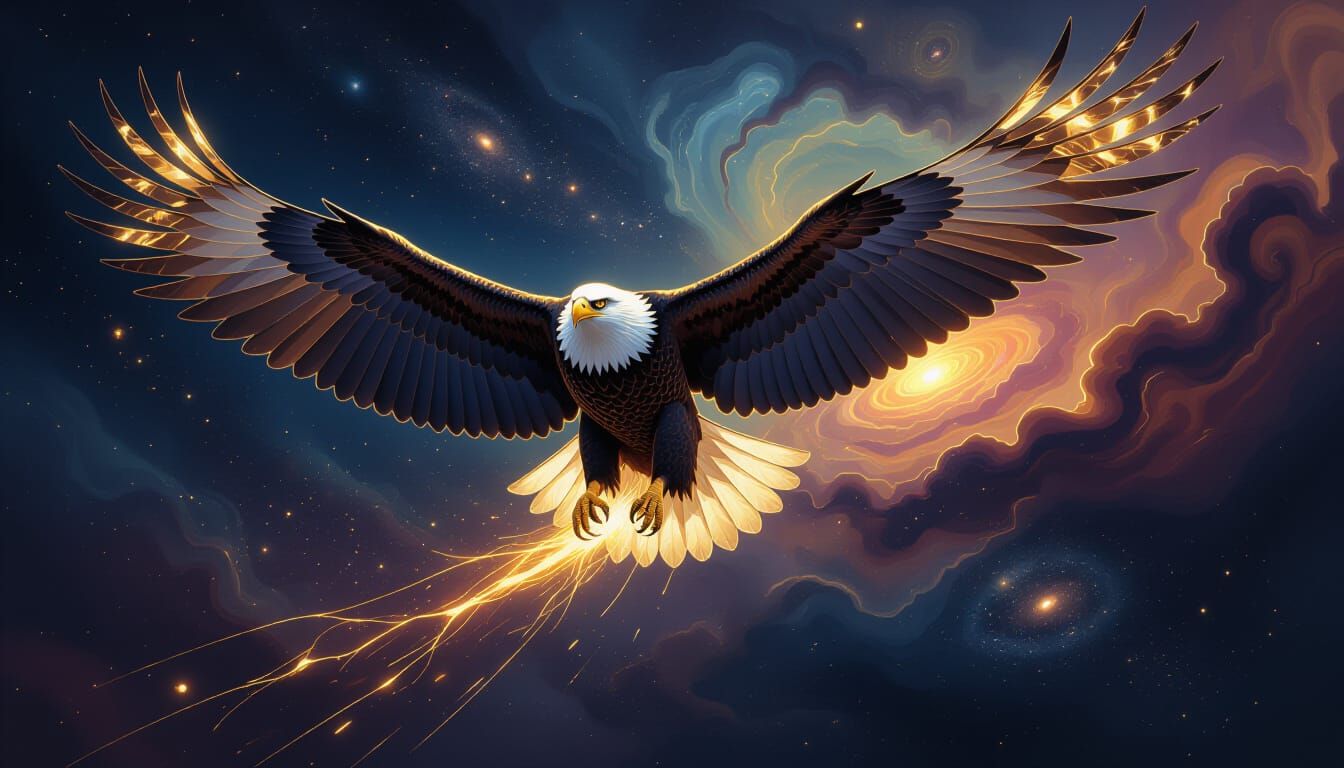 Golden Liquid Eagle Soars Through Cosmic Paint Nebula