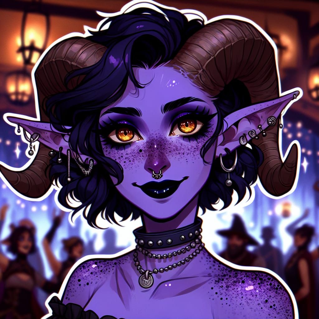 Tiefling Woman with Ram Horns in Festive Scene
