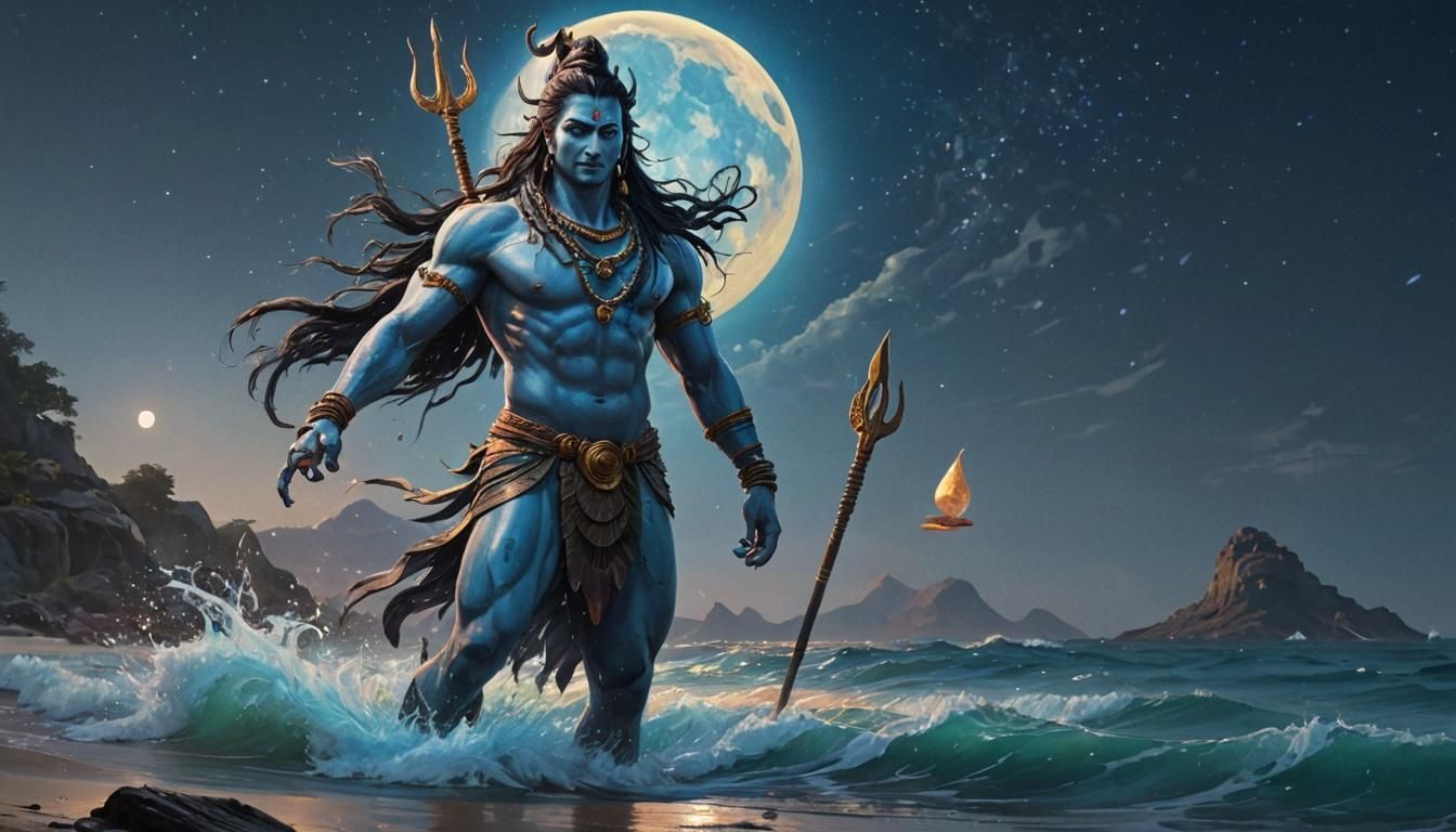 Lord Shiva on Moonlit Shore in Splash Art Style