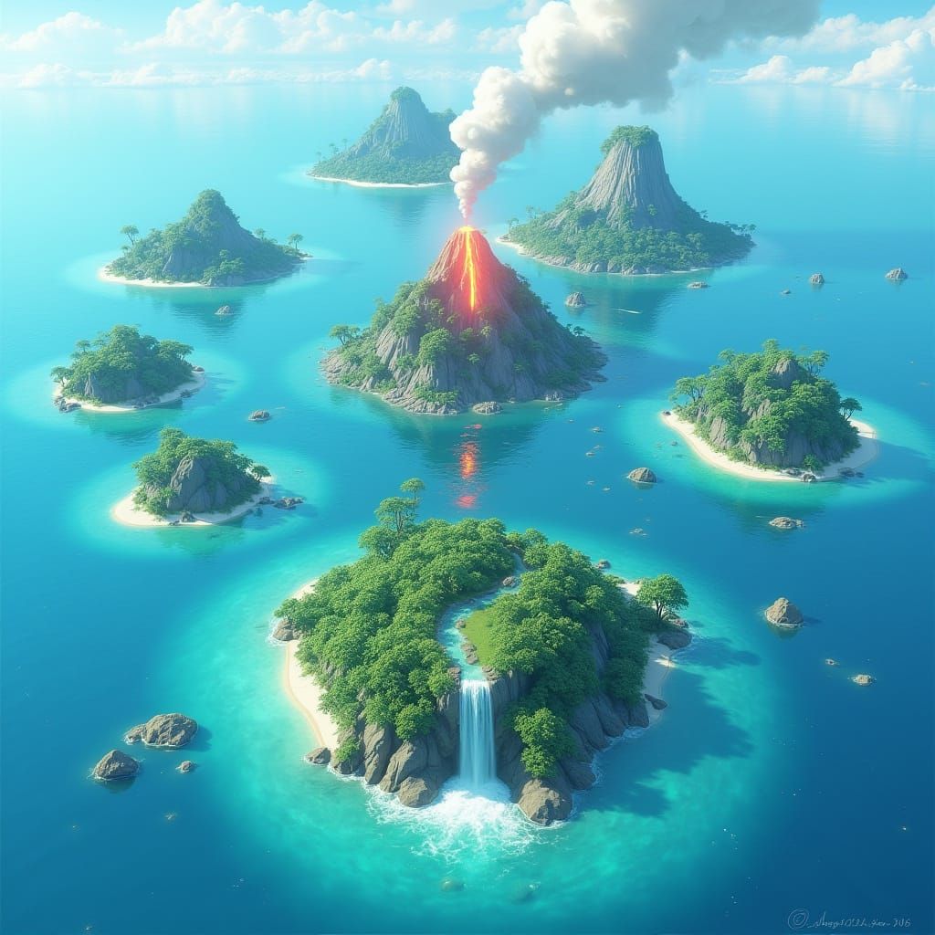 Vibrant Anime Landscape with Waterfalls and Volcanoes