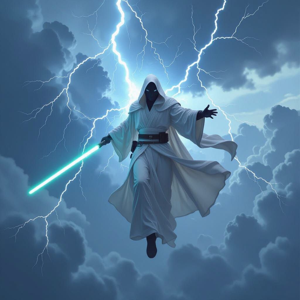 Jedi Soaring Through Storm with Force Lightning