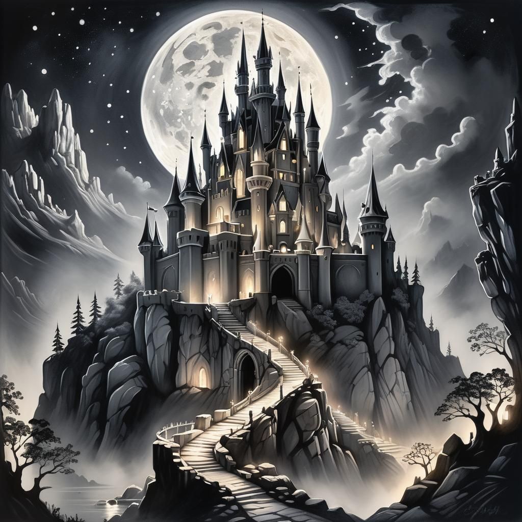 Crystal Fairytale Castle in Moonlight: Charcoal Drawing