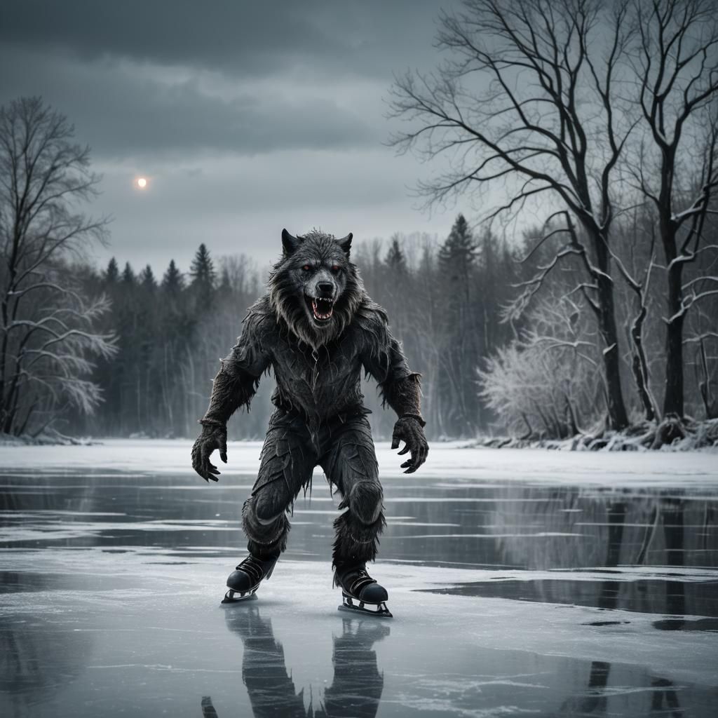 Werewolf Ice Skating on Frozen Lake