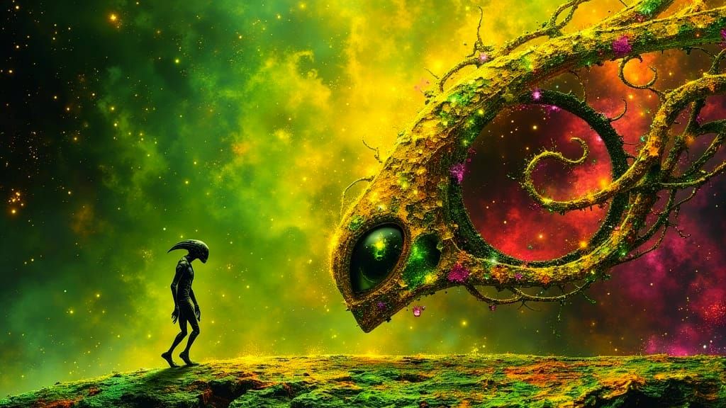 Alien Silhouette in Metallic Foil and Jewel Tones