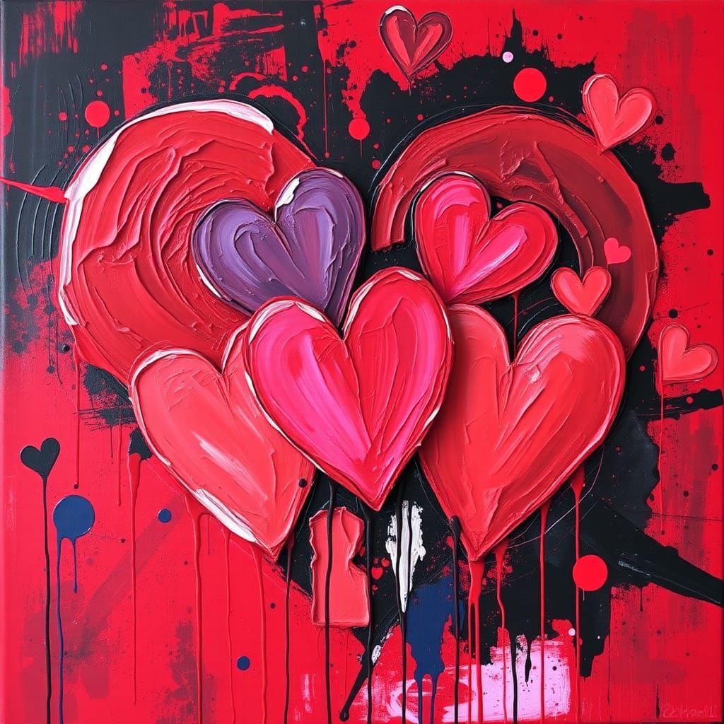 Vibrant, textured hearts in various shapes and sizes, create...