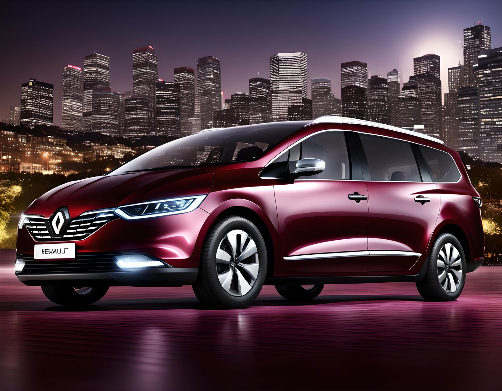 Burgundy Renault Odyssey in South Korean City: 3D Render
