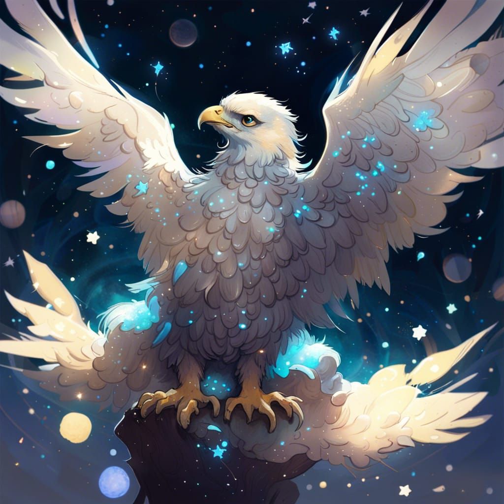 Cute Baby Eagle on Starry Bioluminescent Sky