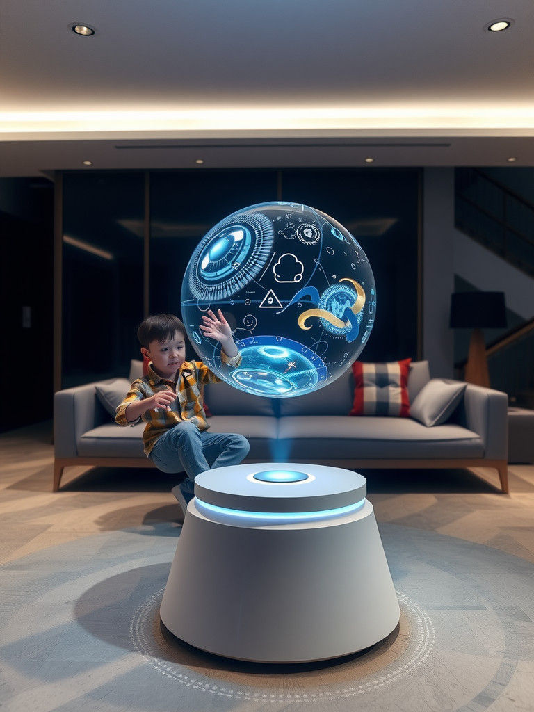 Child with Holographic Toy in Futuristic Living Room