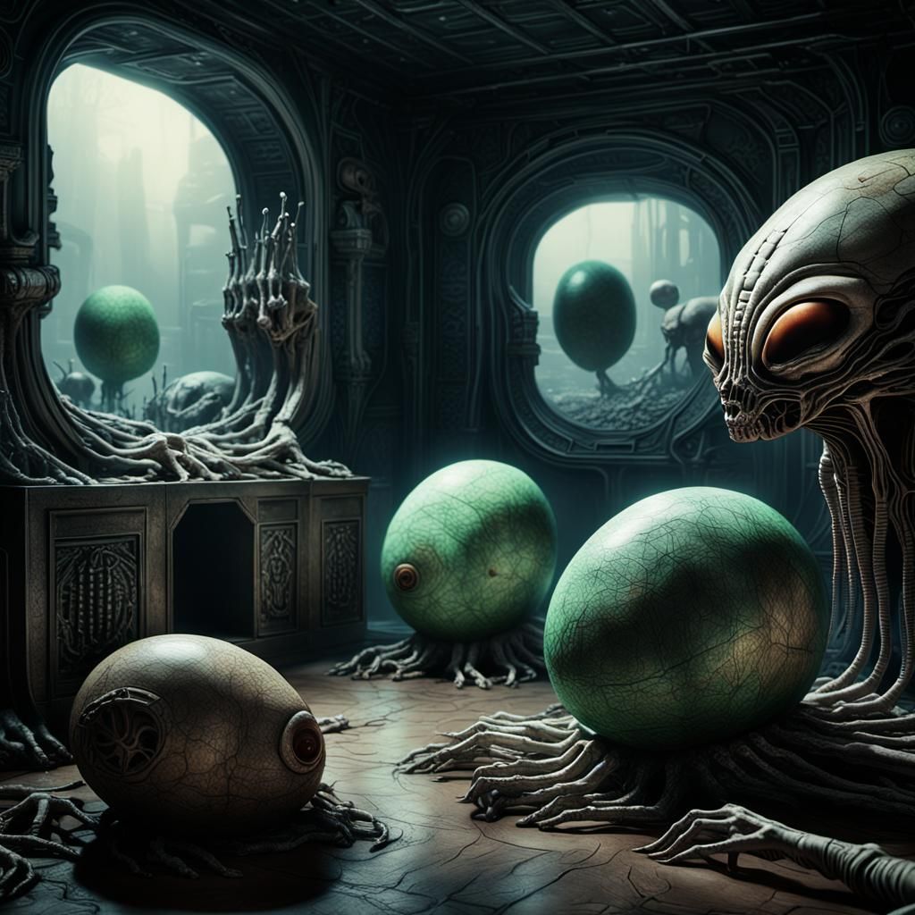 Morbid Alien Eggs Hatching in Dystopian Setting
