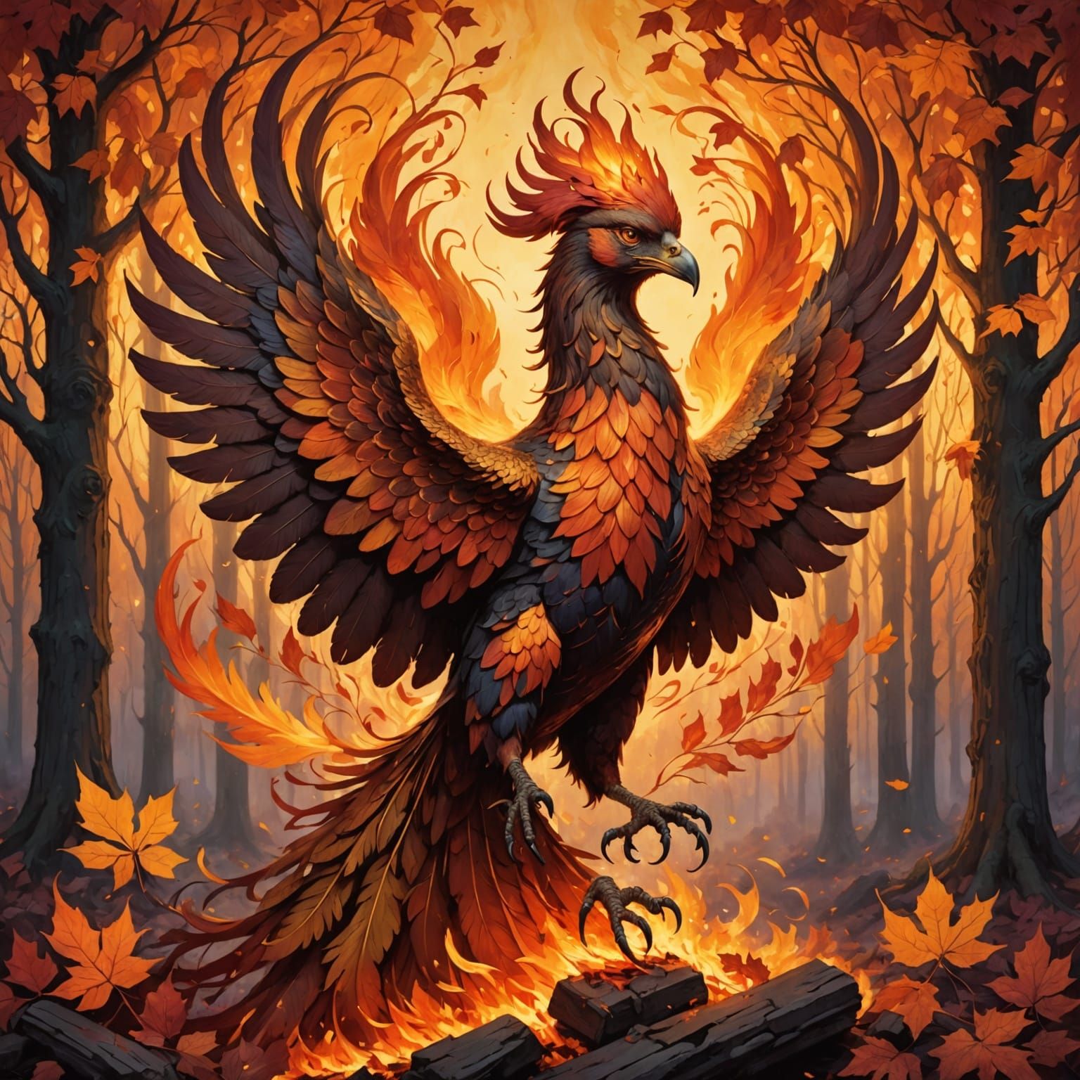 Majestic Phoenix Rises in Art Nouveau Style