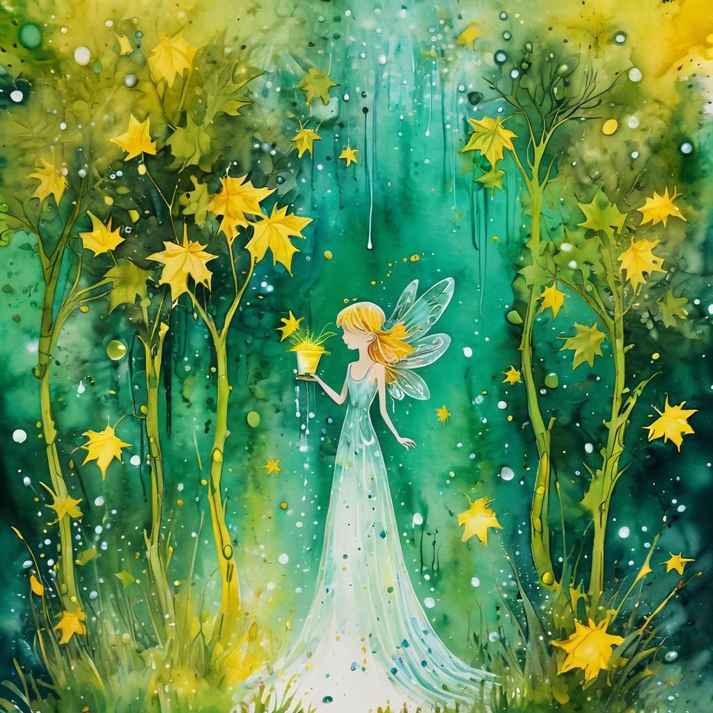 Fairy Paints a Leaf: Ink Illustration in Impressionist Style
