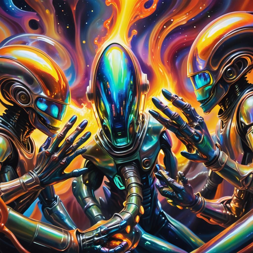 Surreal Aliens Sipping Plasma in Space Capsule