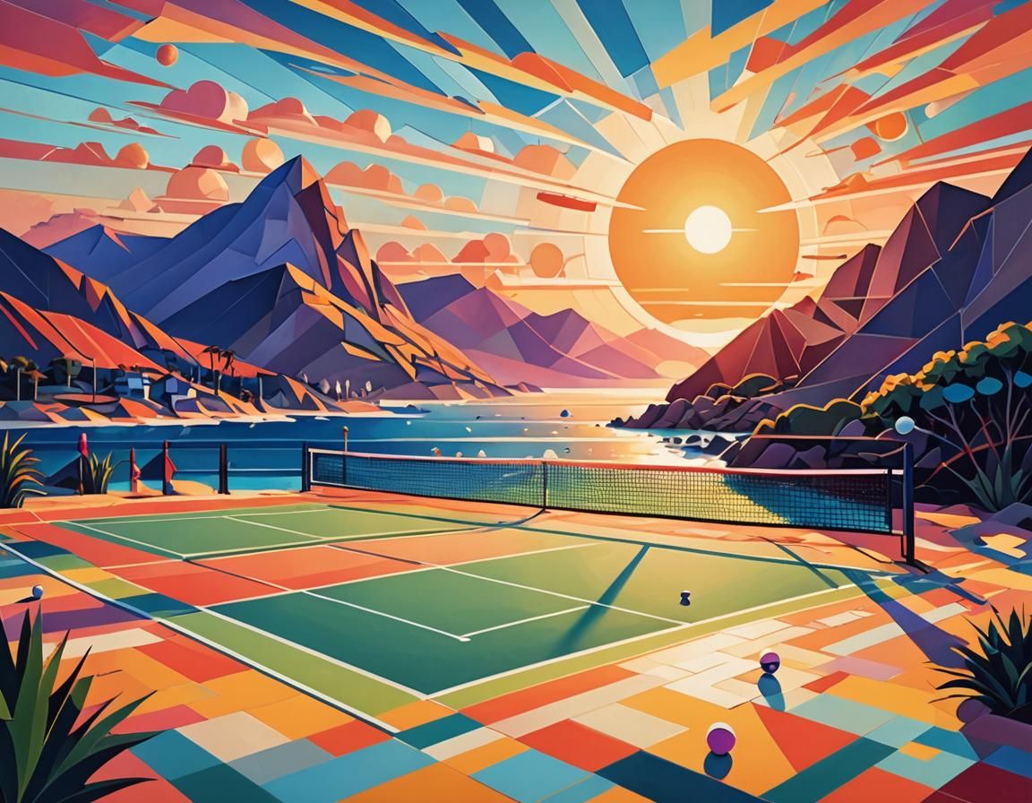 Cubist Tennis Match at Sunset by the Ocean
