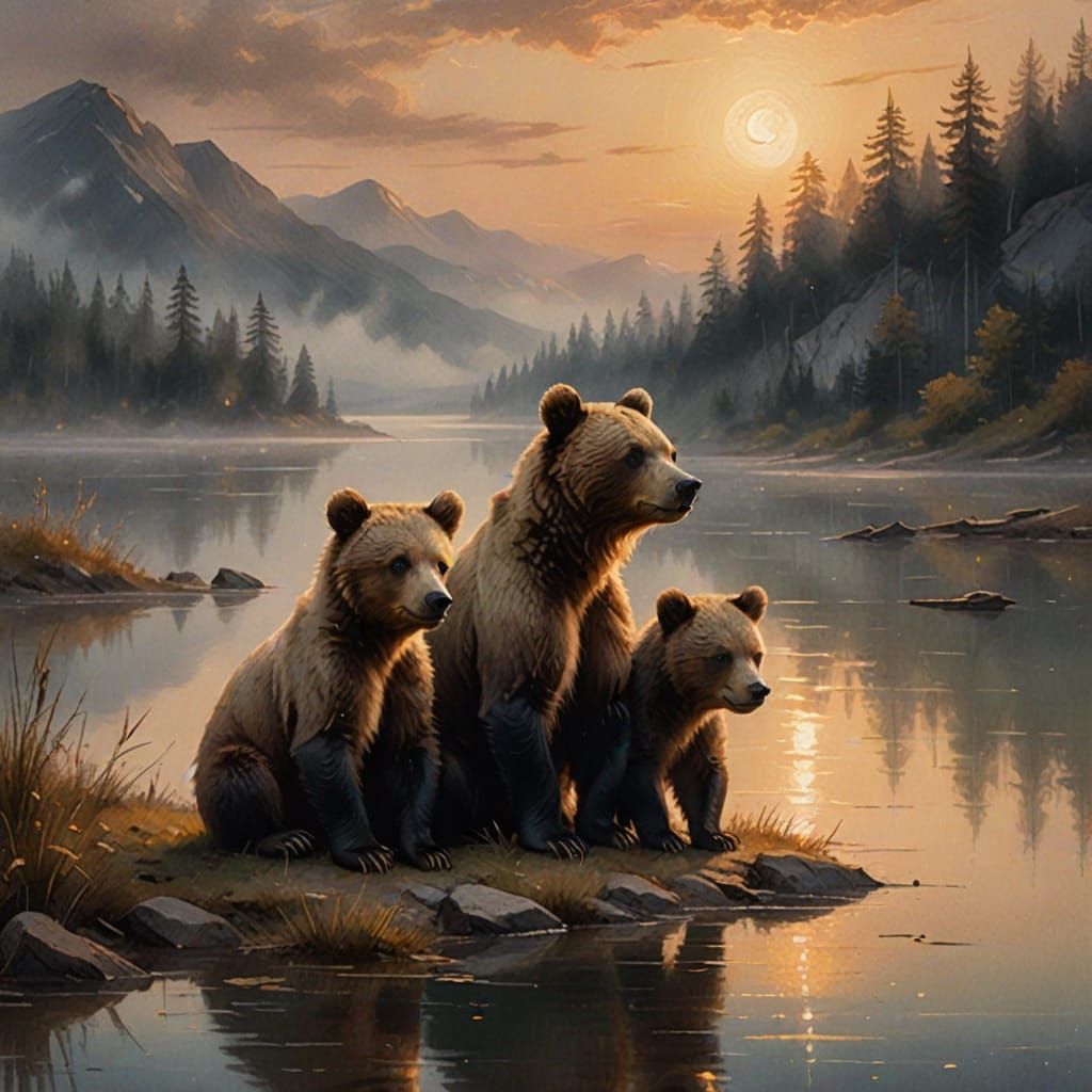 Dreamy Bear Cubs by Misty Lake: Romanticist Painting