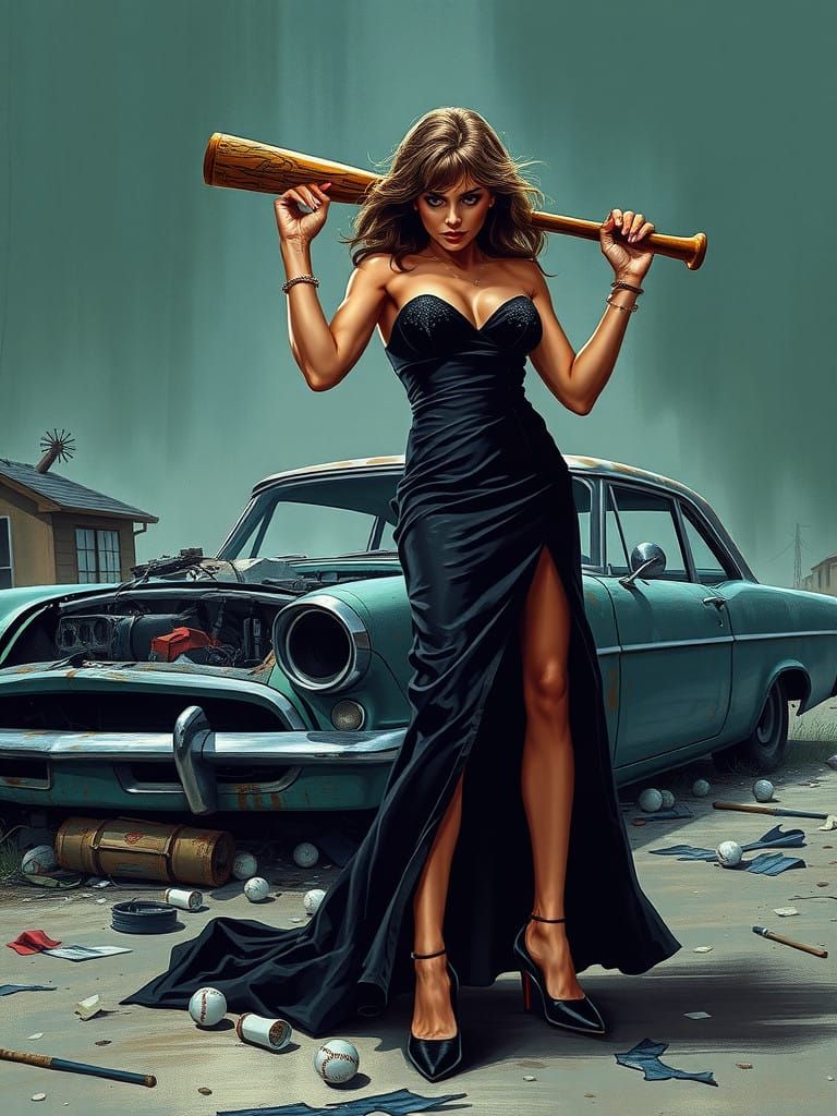 Fierce Woman Unleashes Fury on a Decayng Car Wreck in a Grit...