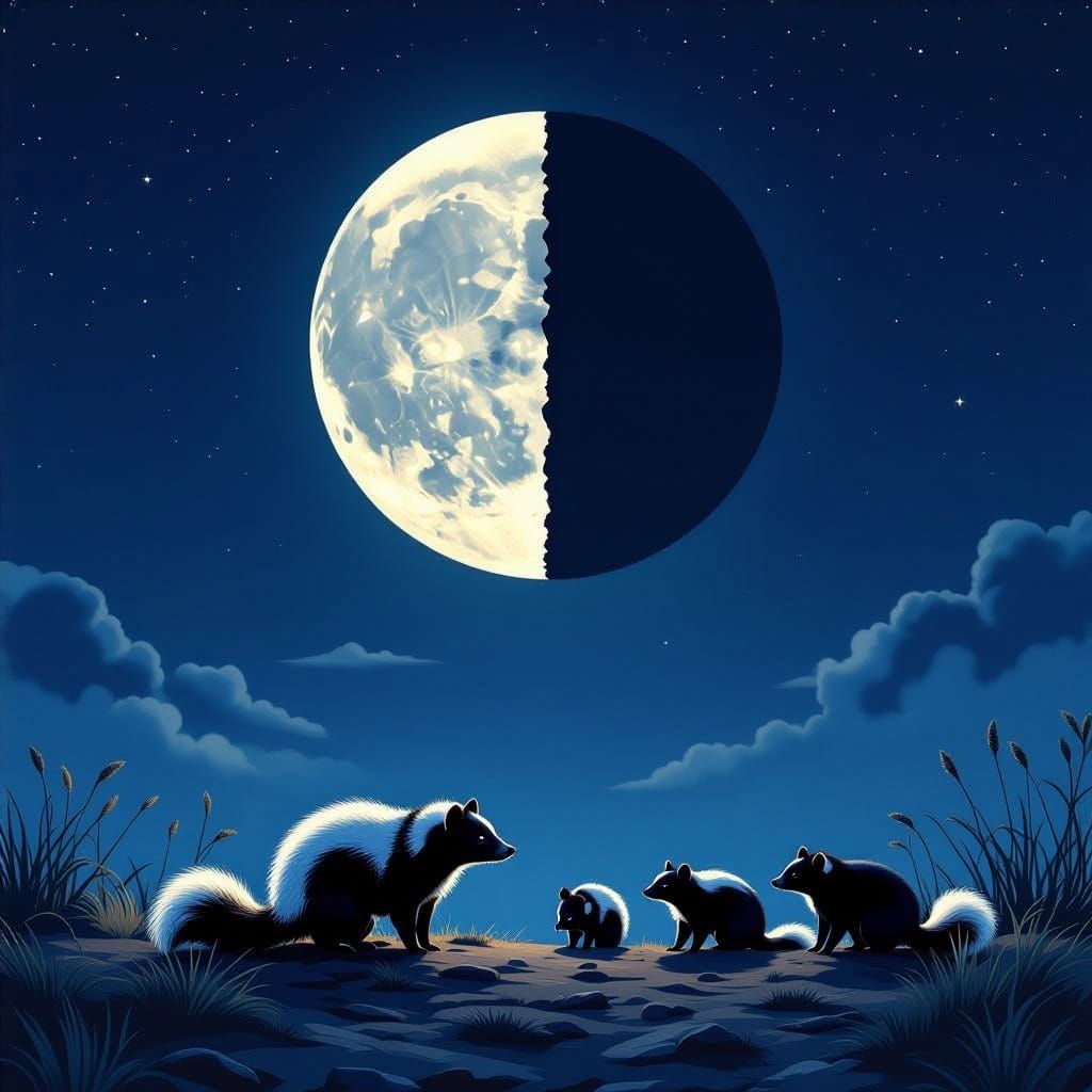 Moon Halved Diagonally Over Skunks in Dark Landscape