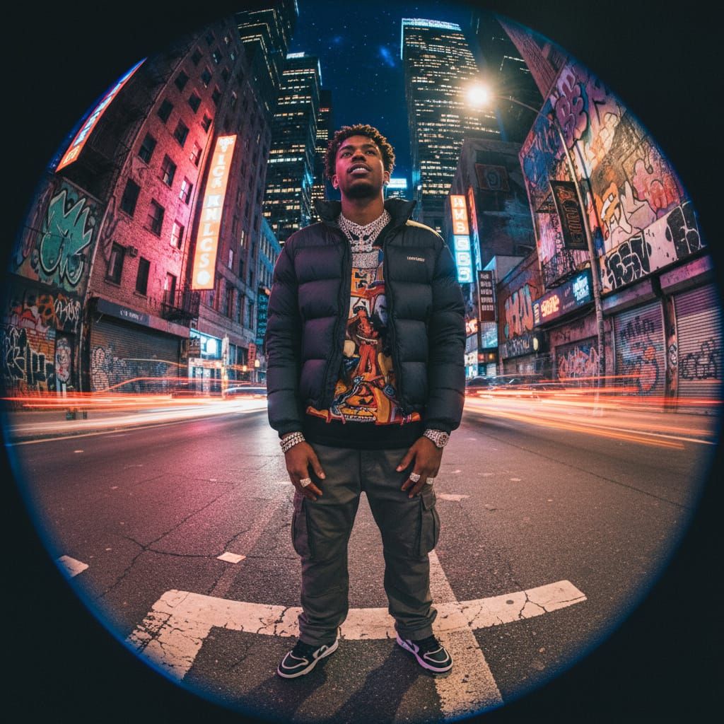 Man Under Neon City Lights in Fisheye Style