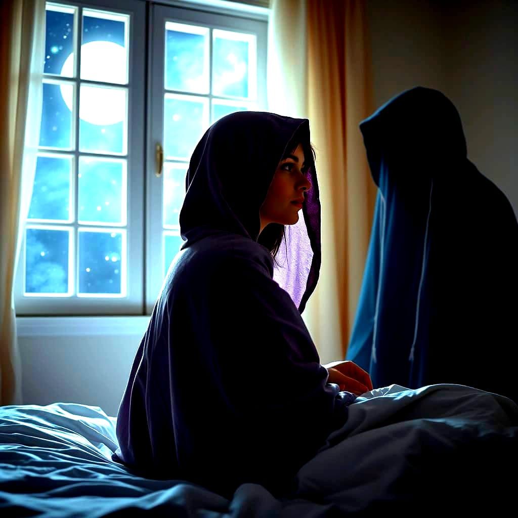 Young Woman in Moonlit Bedroom with Faint Ghostly Figure