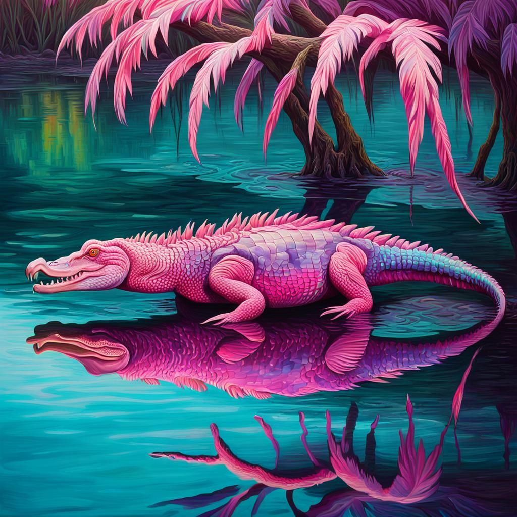 Surreal Dreamlike Crocodile Flamingo Hybrid in Vibrant Oil P...
