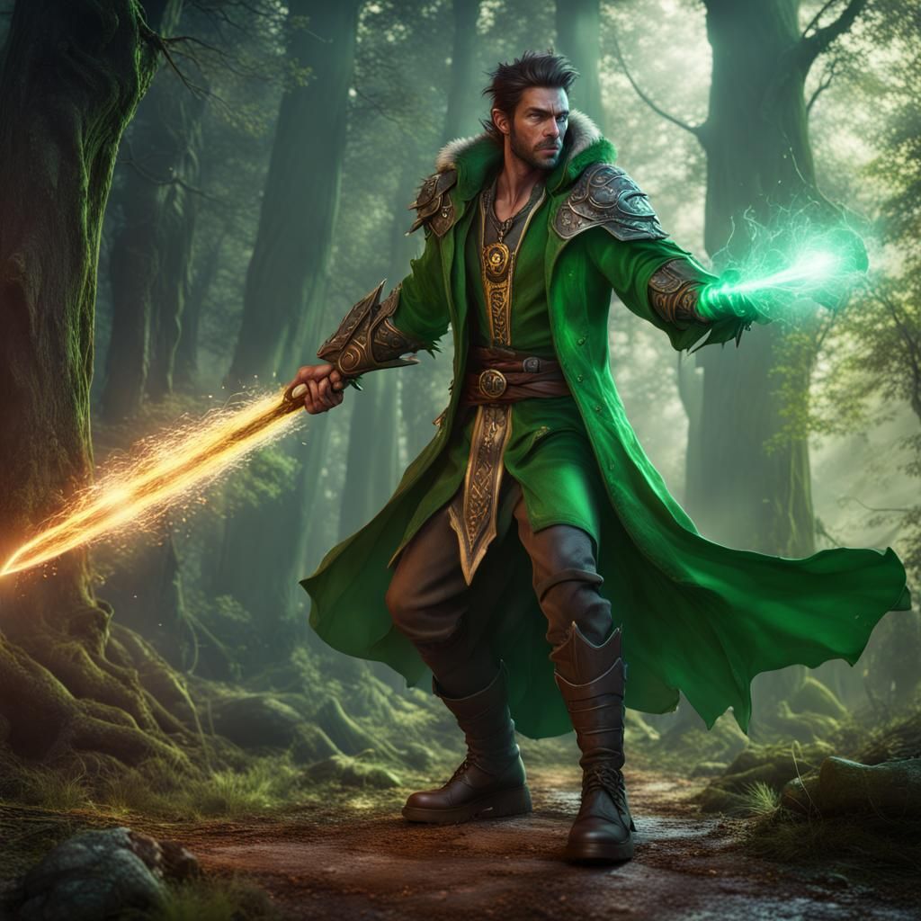 Mage Casts Poison Ray Against Werewolf, Fantasy Art