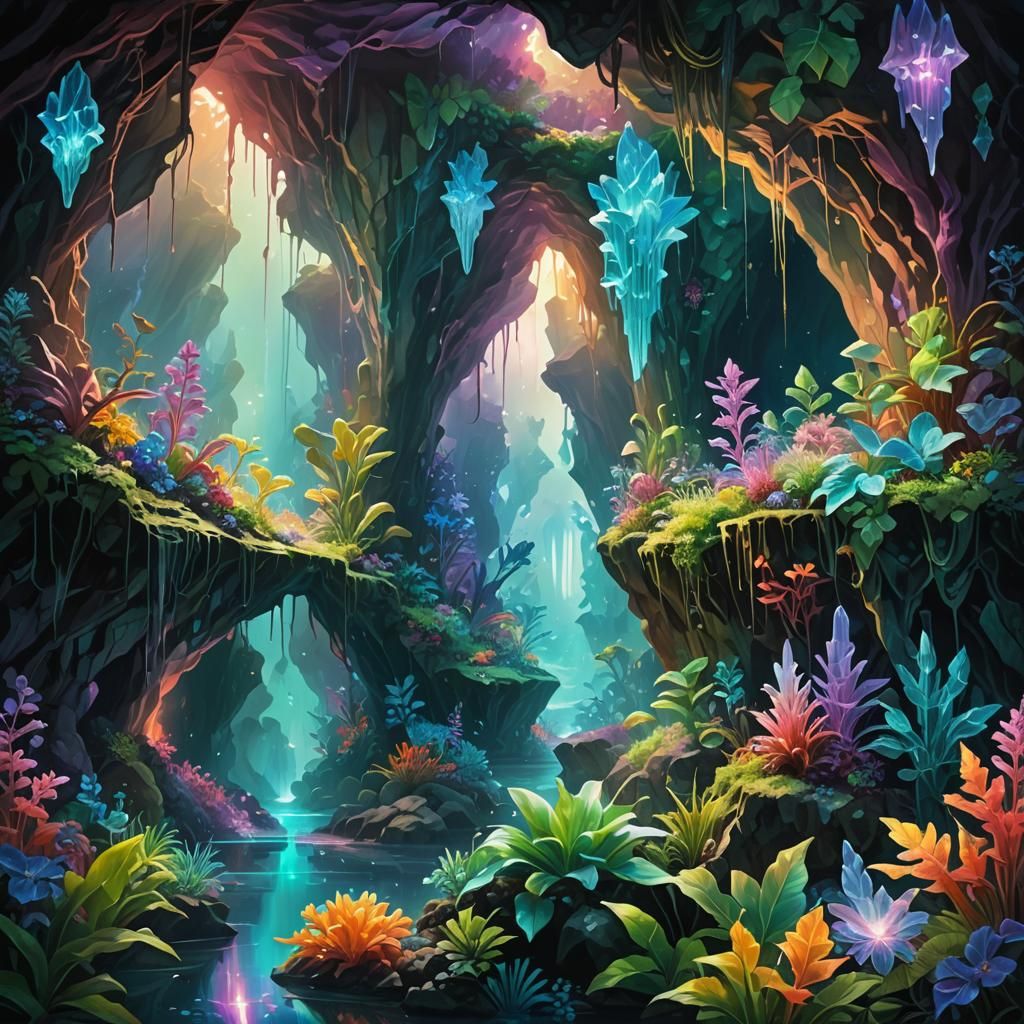 Crystal Cave with Bioluminescent Flora in Surreal Style