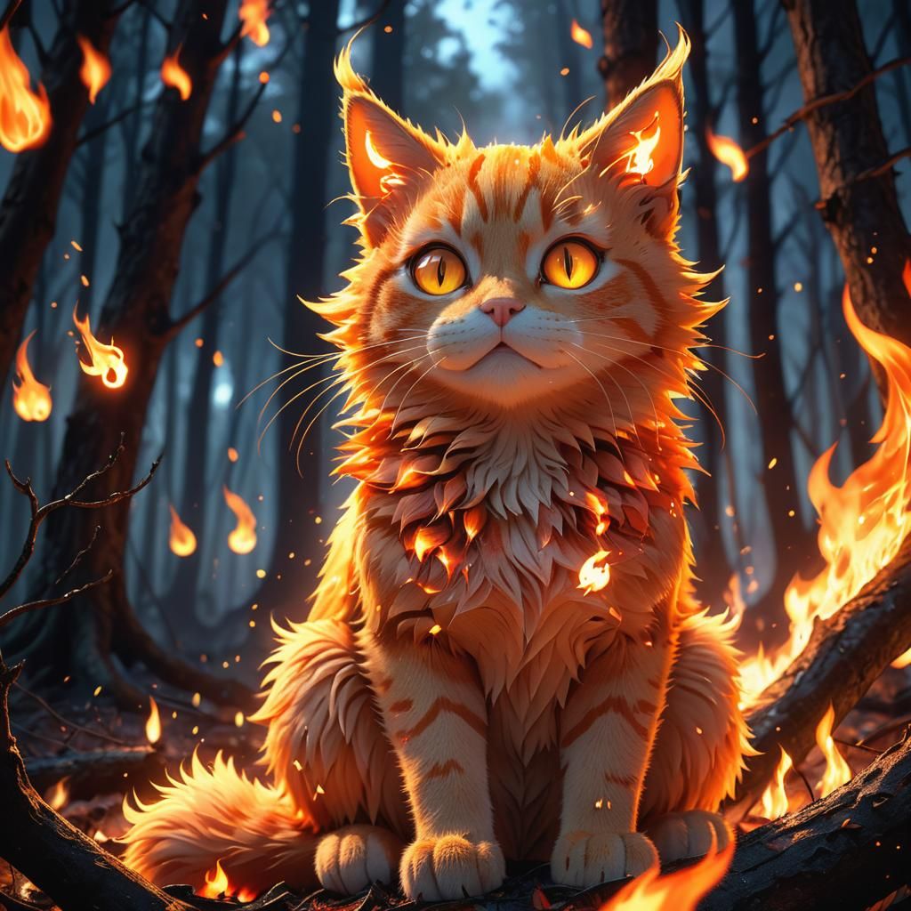 Fiery Anime Cat in Mystical Forest