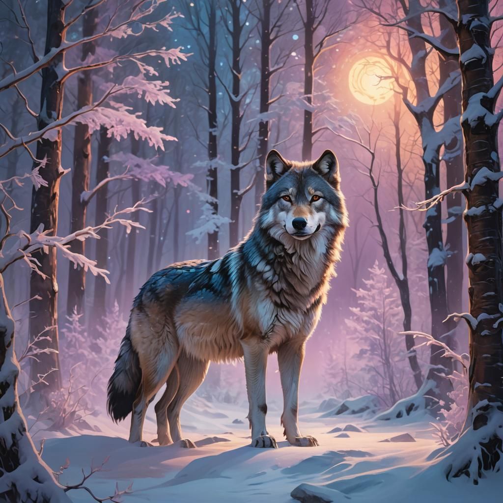 Ethereal Wolf Under Northern Lights in Snowy Forest
