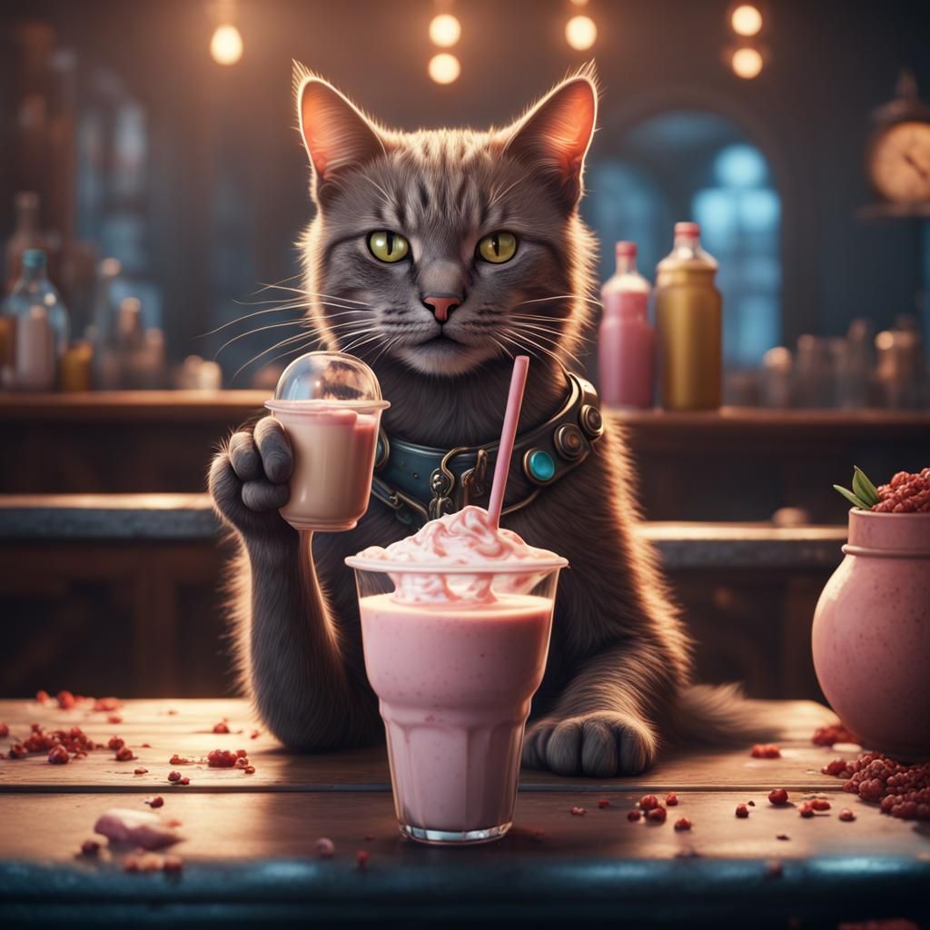 CAT DRINKING A MILKSHAKE