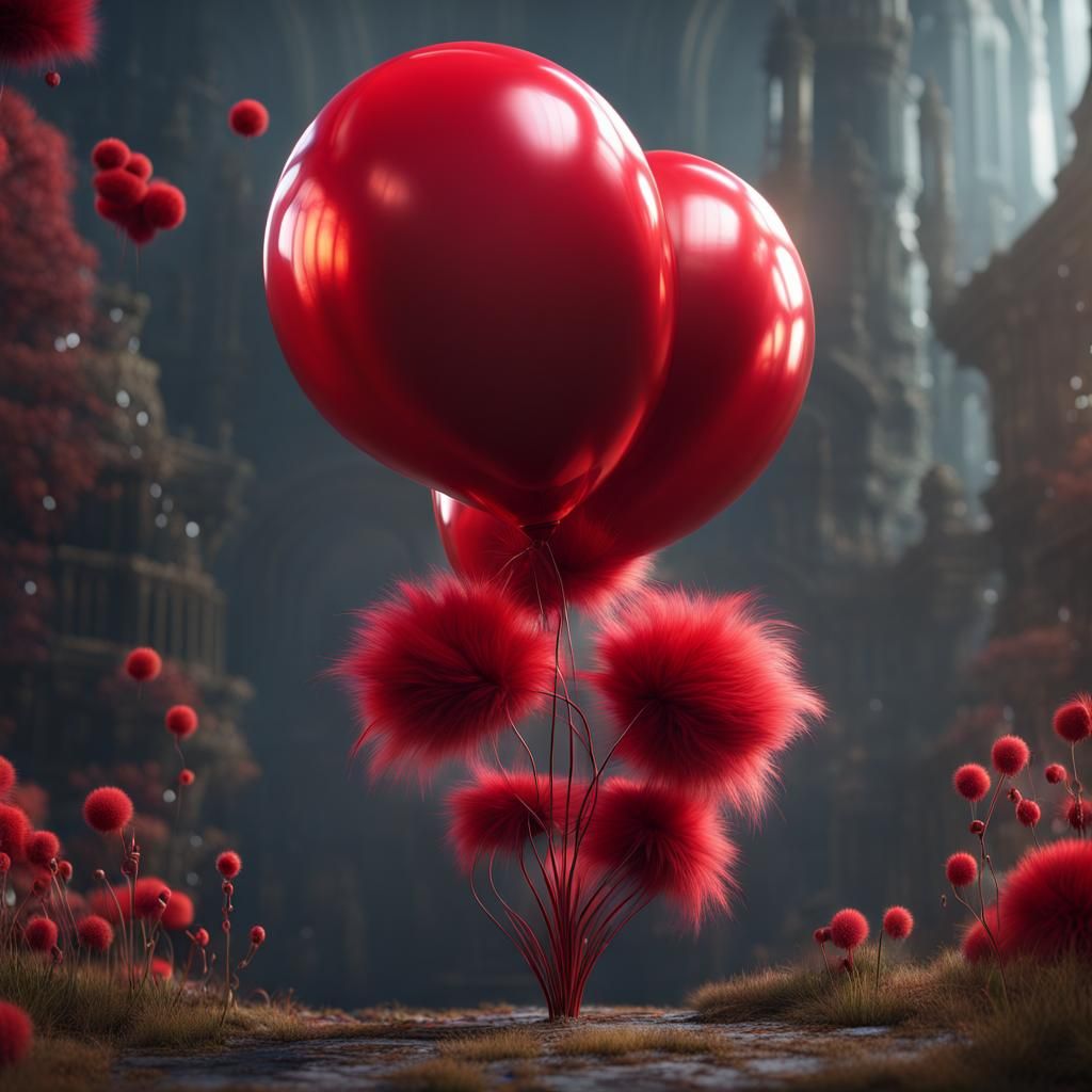 Fantastical Red Balloon Creature with Flowers