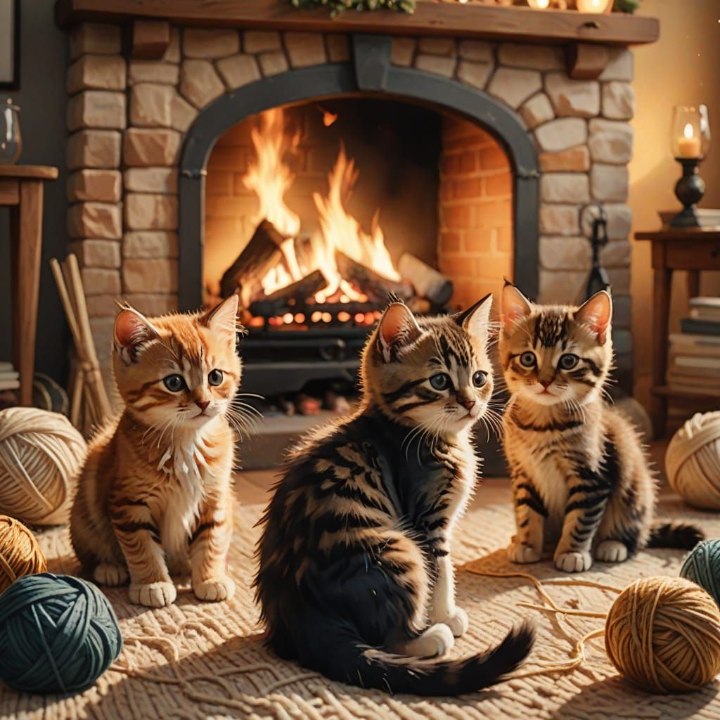 Kittens Play with Yarn by Fireplace in Watercolor Style