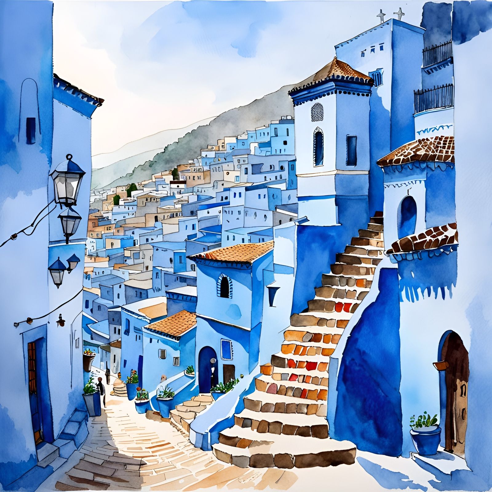Watercolor of Chefchaouen, the Blue City of Morocco