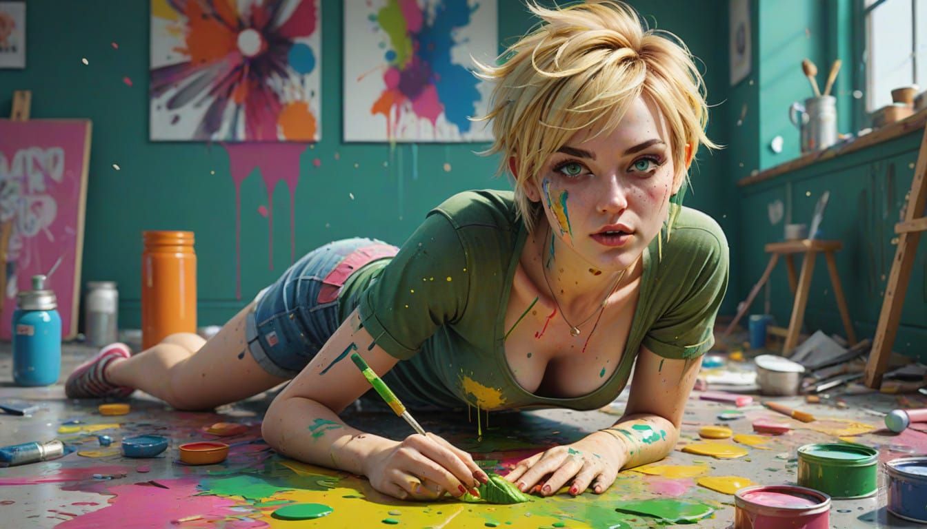 Mischievous Pixie Artist in Full Creative Swing