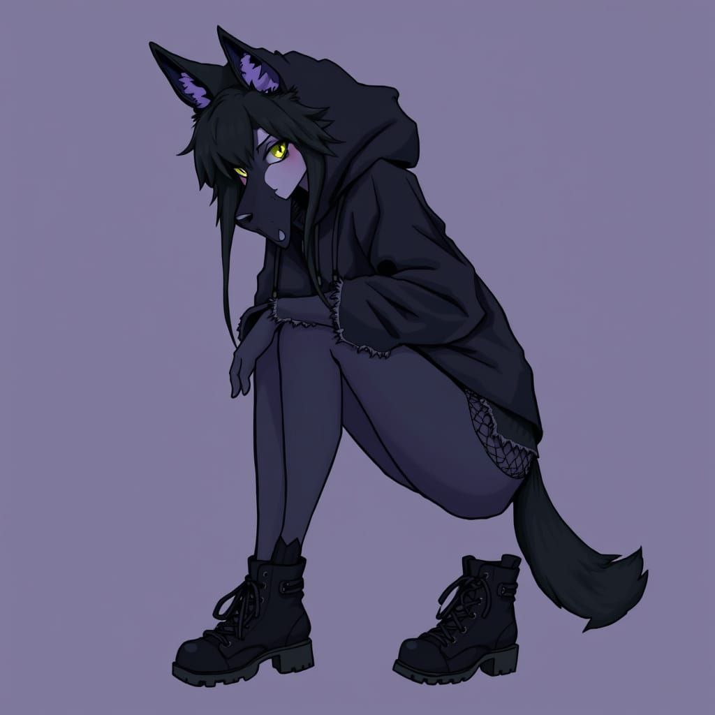 Melancholic Emo Wolf Girl in Moody, Neon-Lit Atmosphere