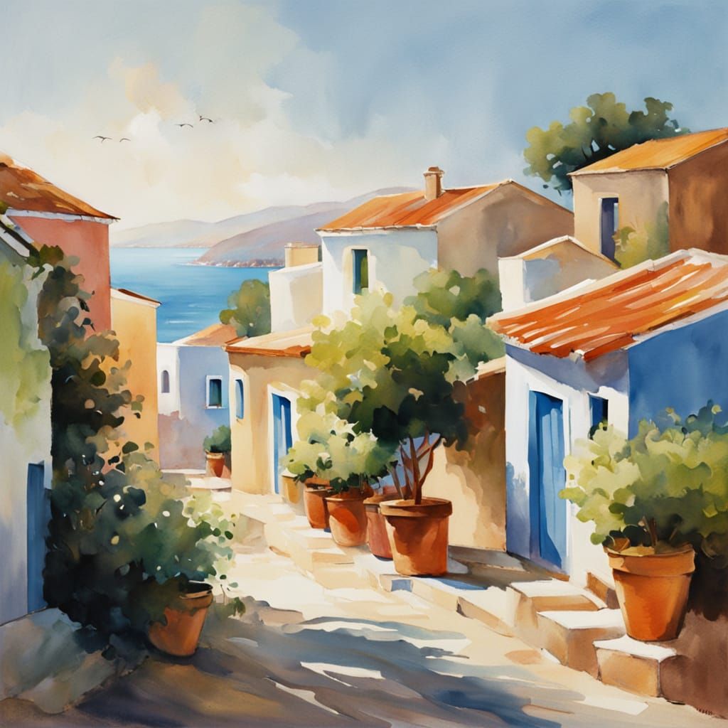 Idyllic Greek Village Scene in Warm Watercolour Hues