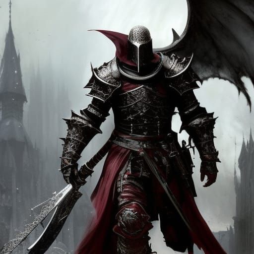 Grimdark Paladin in Crimson Armor Amid White Roses