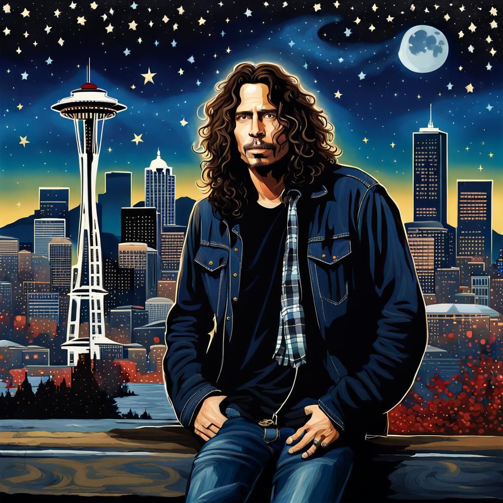 Chris Cornell in Plaid, Seattle City Skyline at Night