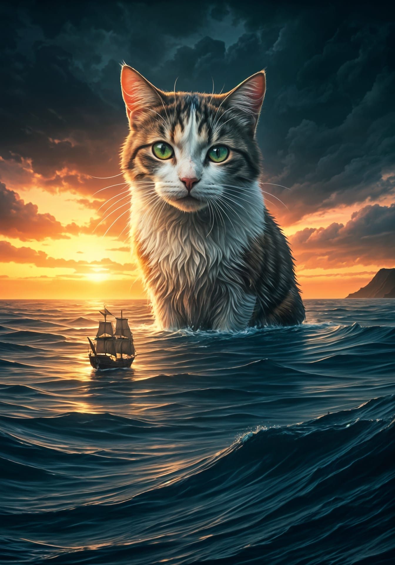 Giant Calico Cat Watching Pirate Ship at Sunset