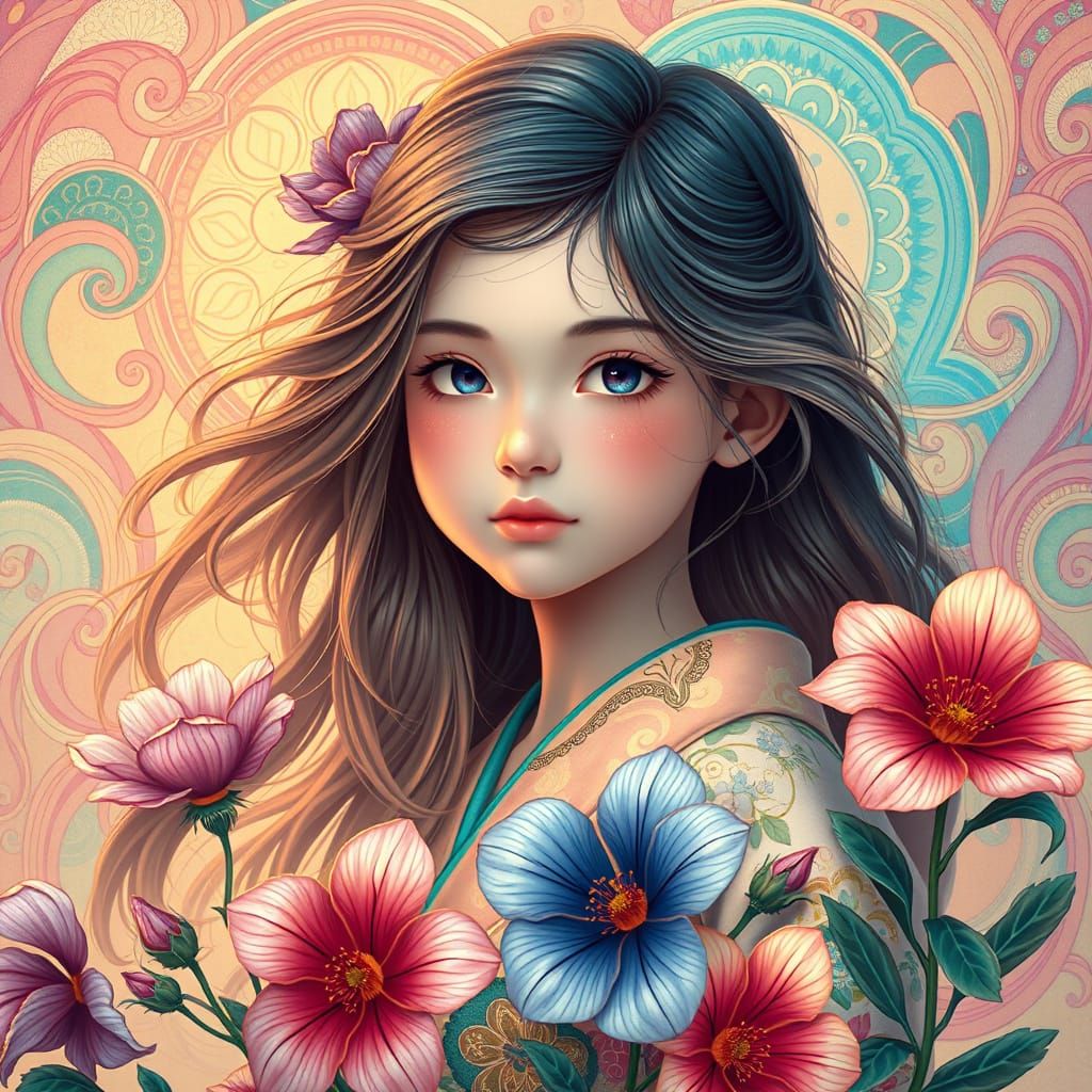 Ethereal Anime Goddess with Art Nouveau Whispers