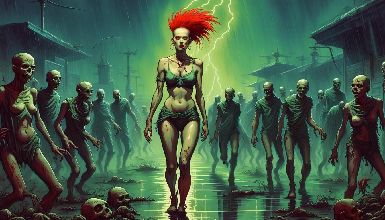 Bald Woman and Zombie Horde in Synthwave Style