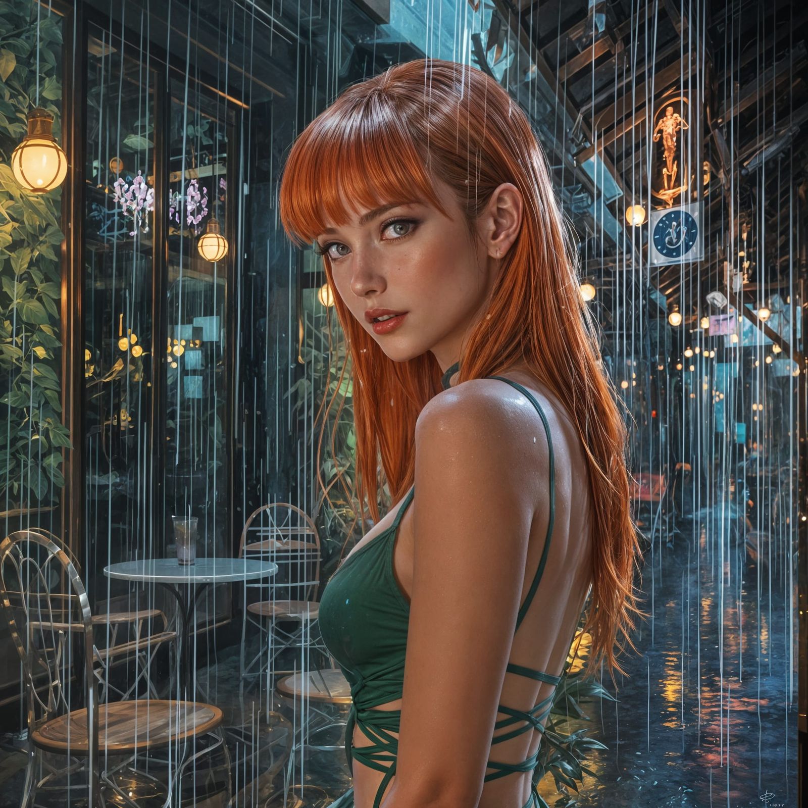 Redhead Portrait in Rainy Cafe, Chiaroscuro Surrealism