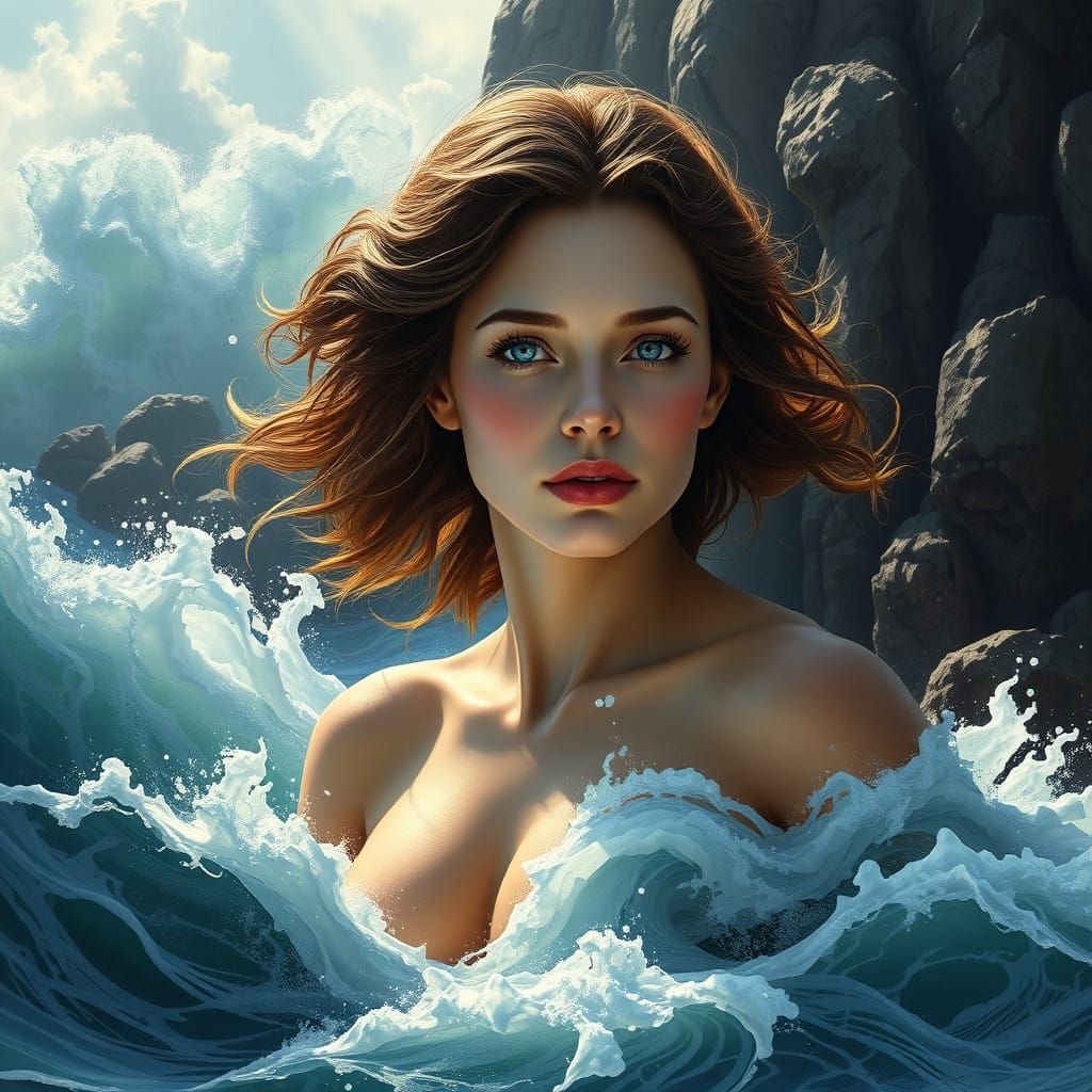 Impressionistic Seascape: Woman Emerging from Turbulent Wave...