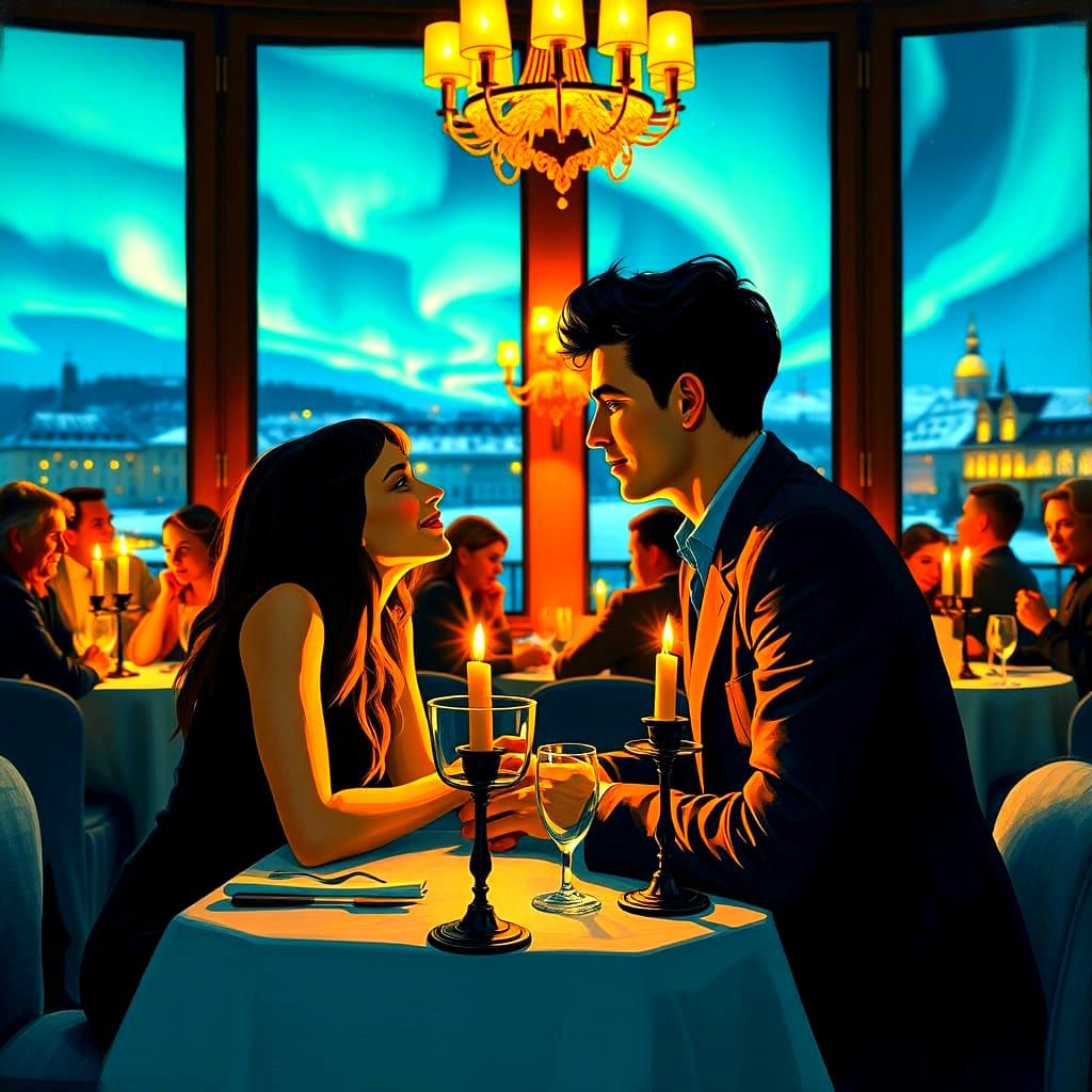 Young Couple in Intimate Moment in Bustling Restaurant