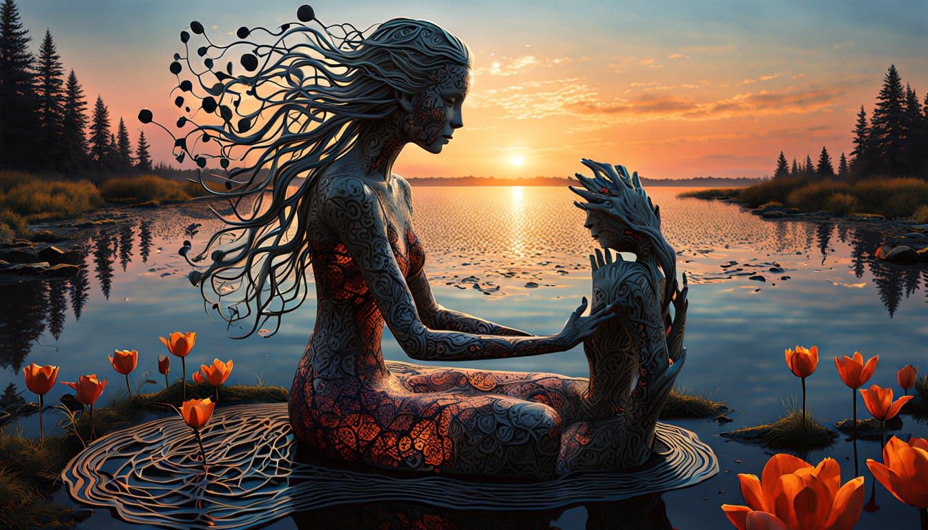 Surreal Fragmented Sculpture of Woman at Sunset