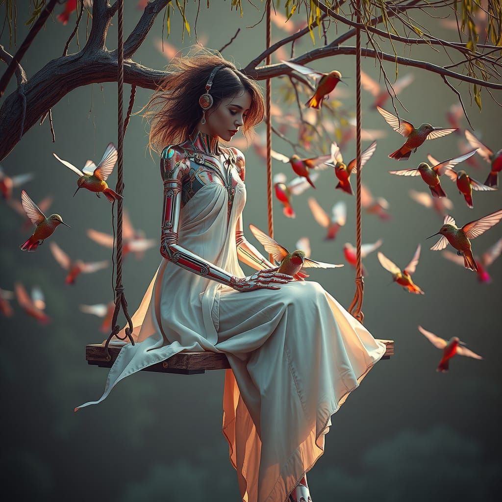 Cyber Woman on Willow Swing in Cinematic Style