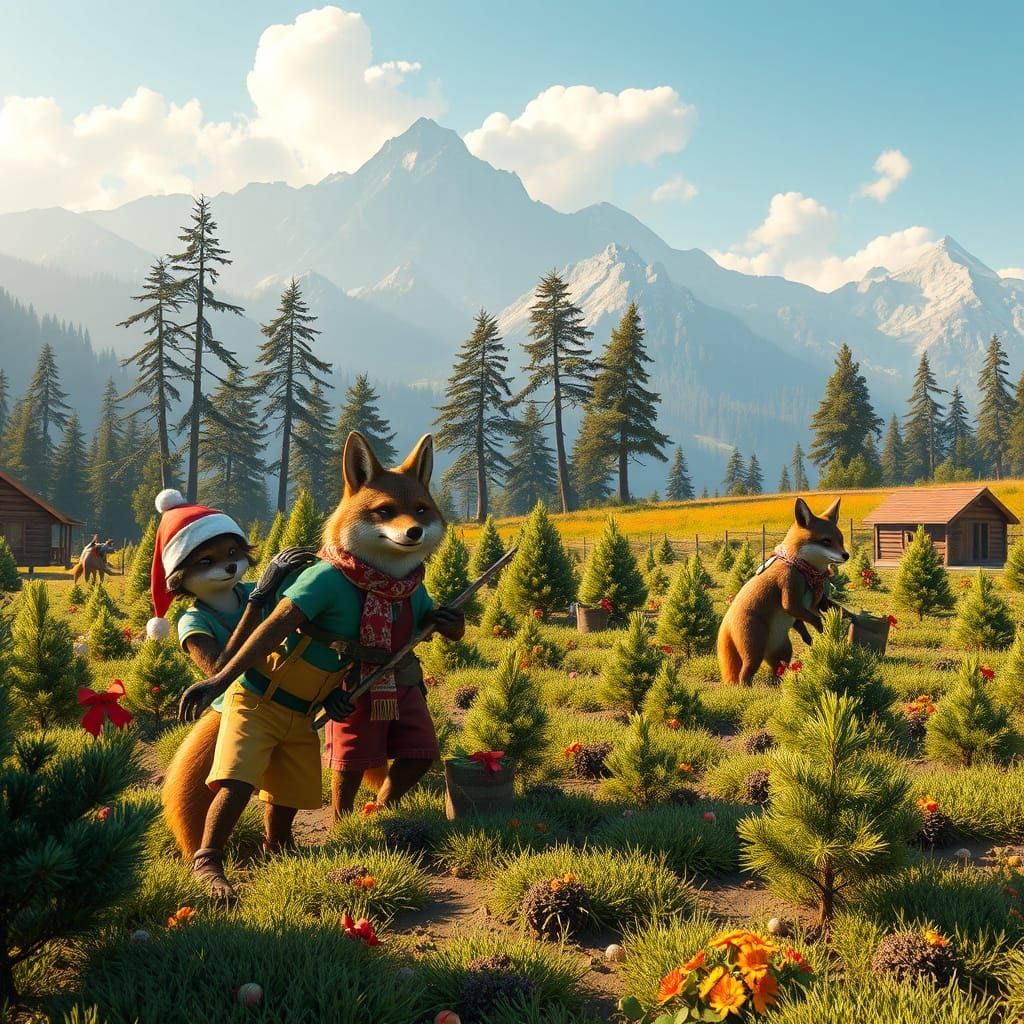 Whimsical Coyote Christmas Tree Farm at Charity Summer Camp